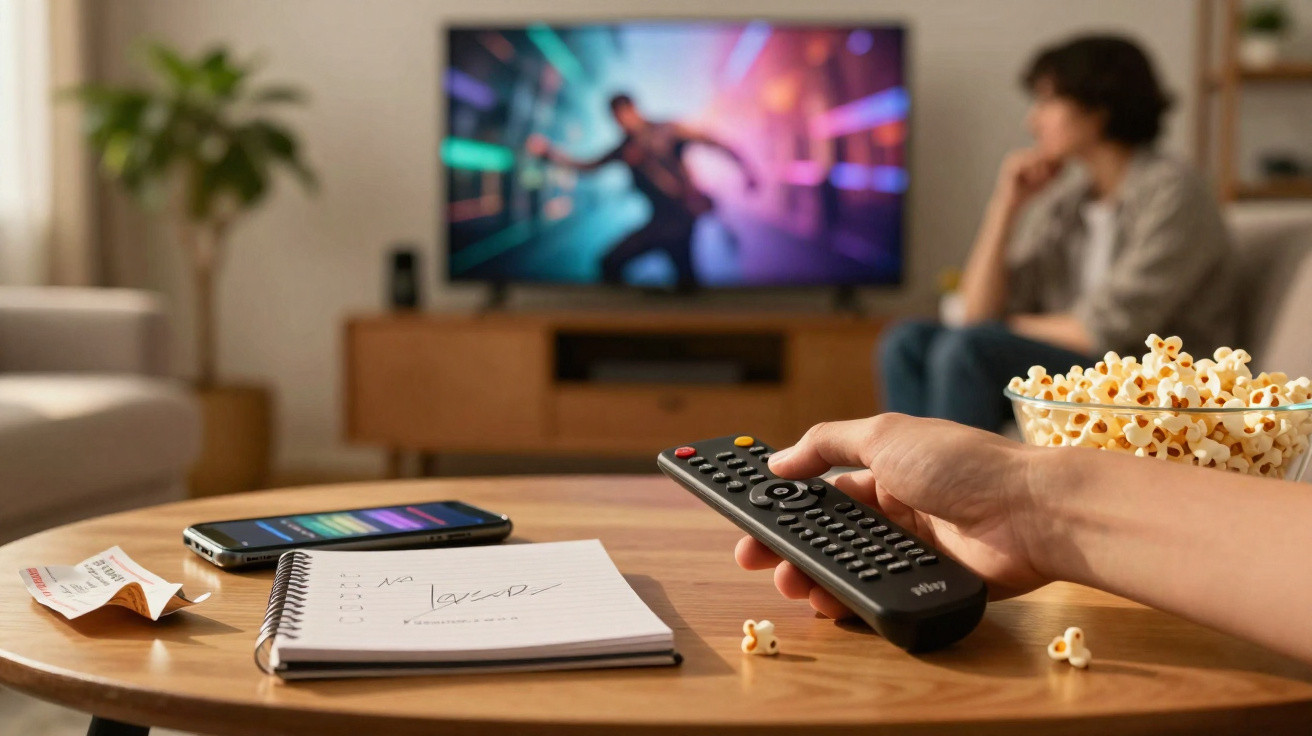 Pessoa a segurar comando remoto com apontador para televisão, mesa com caderno, smartphone e tigela de pipocas.