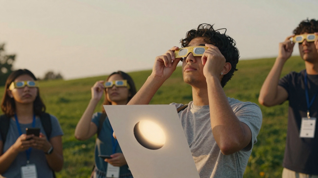 Grupo de pessoas ao ar livre a observar eclipse solar com óculos especiais e placa perfurada.