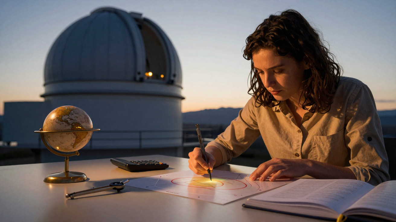 Jovem a desenhar um mapa celeste com globo e telescópio visível ao fundo ao pôr do sol.