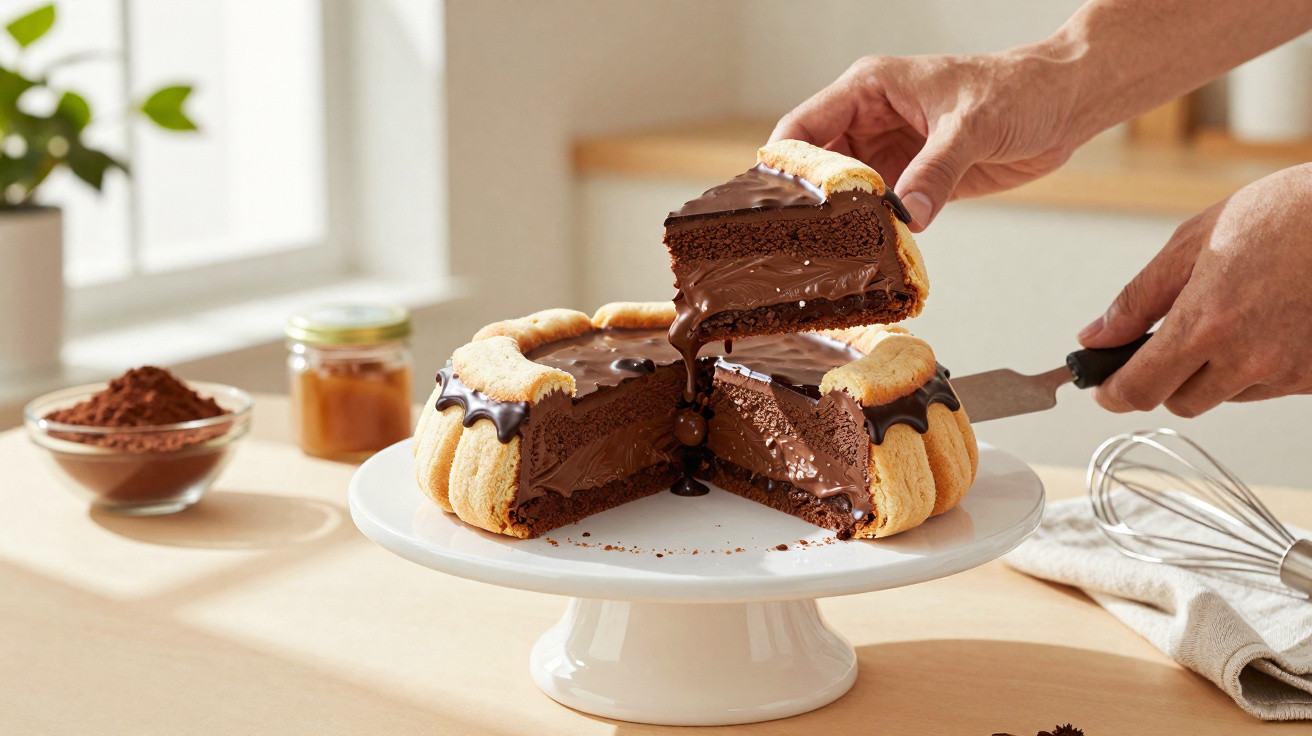 Bolo de chocolate com cobertura derretida, servido num prato branco, em ambiente iluminado e acolhedor.