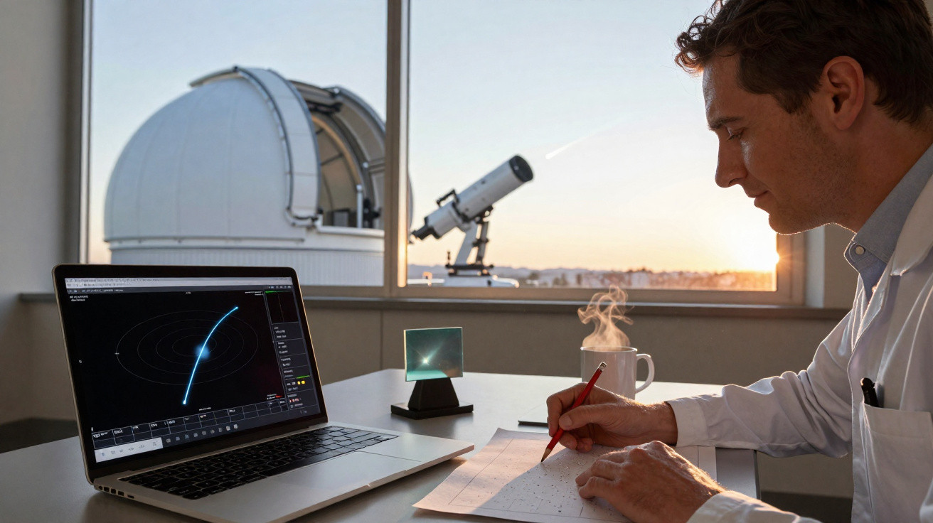 Homem numa sala de observatório a analisar dados astronómicos no computador ao pôr do sol.
