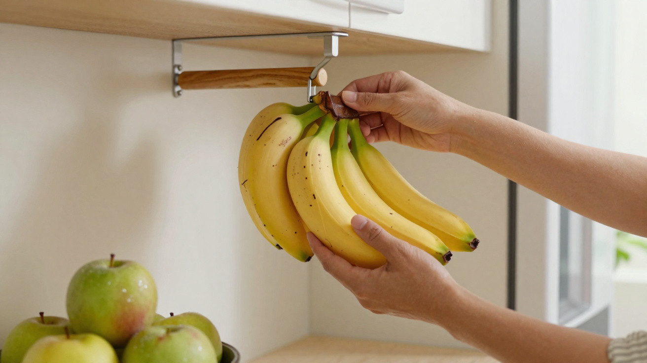Pessoa a pendurar um cacho de bananas maduras em suporte de madeira na cozinha, com maçãs verdes na bancada.