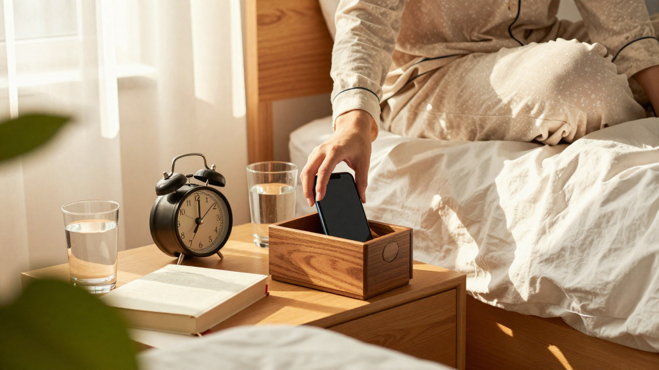 Pessoa a colocar um telemóvel numa caixa de madeira numa mesa de cabeceira ao lado da cama.