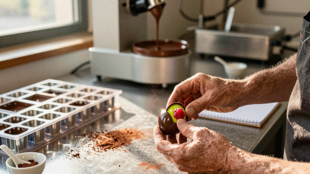 Mãos masculinas a decorar bombons de chocolate com framboesas, numa cozinha bem iluminada e organizada.