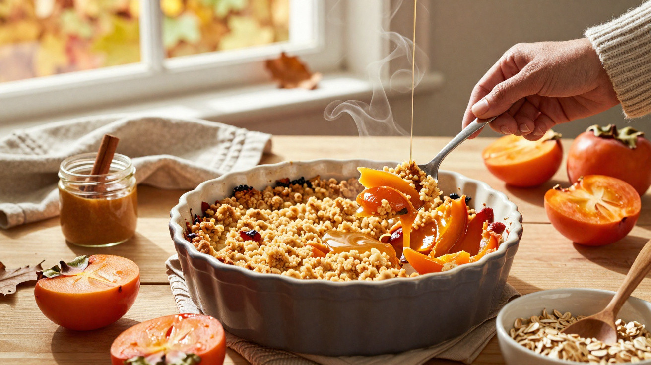 Tarte de caqui com crumble em travessa, mel a ser derramado e ingredientes ao redor numa mesa de madeira.