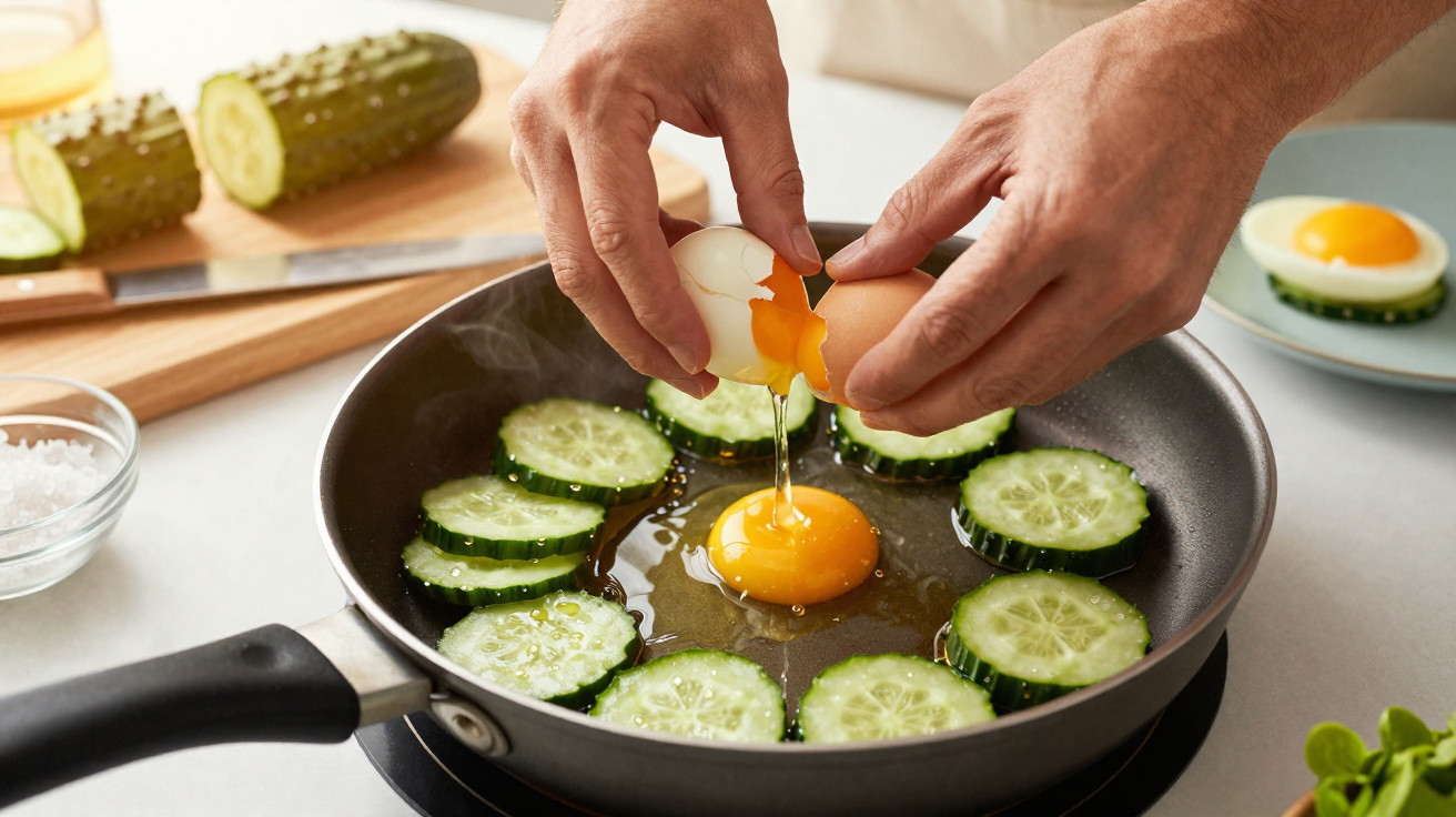 Pessoa a partir um ovo por cima de uma frigideira com rodelas de pepino a fritar.