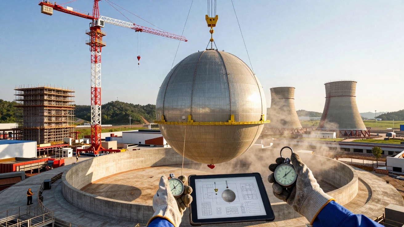 Obras numa central nuclear com grua a içar esfera metálica e operário com cronómetros e tablet.