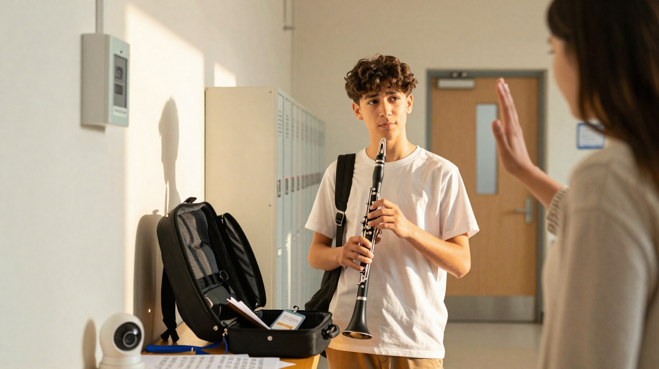 Jovem com clarinete em corredor escolar, a olhar para pessoa que levanta a mão em sinal de paragem.