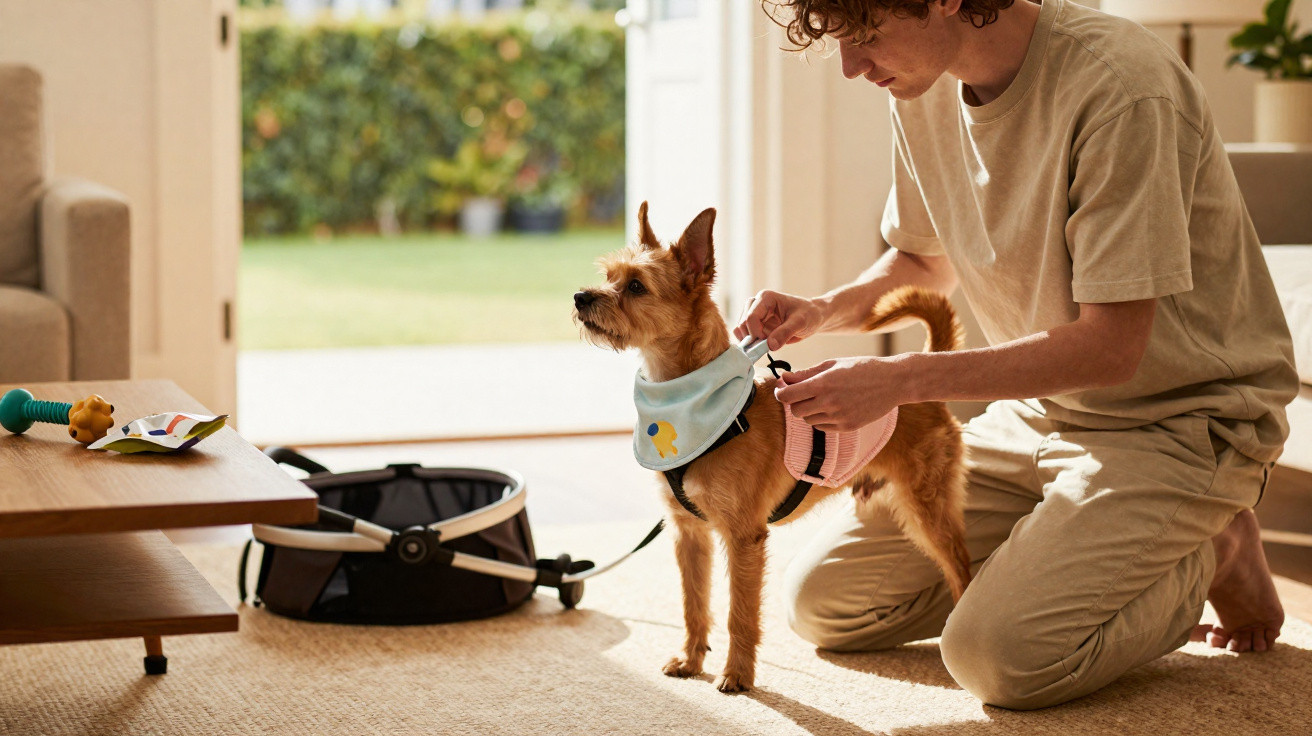 Pessoa a colocar uma mochila rosa num cão pequeno dentro de uma sala iluminada e com jardim ao fundo.