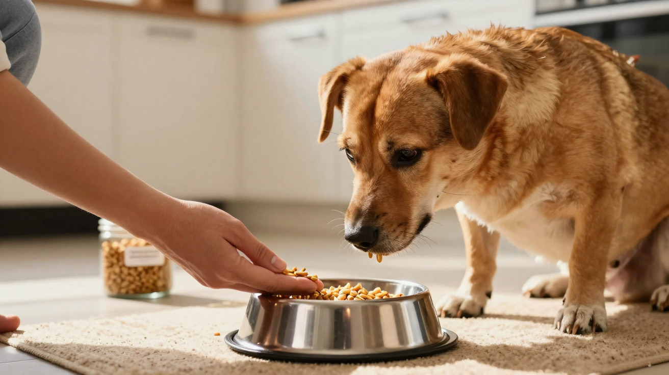Cão castanho a ser alimentado por uma mão humana com ração numa tigela metálica na cozinha.