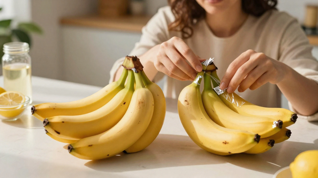Pessoa a enrolar plástico aderente em cachos de bananas sobre uma mesa branca.