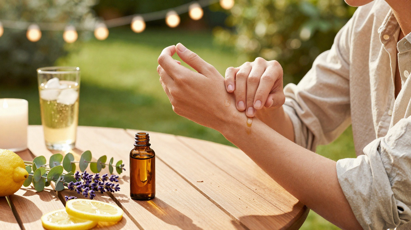 Pessoa a aplicar óleo essencial no pulso numa mesa de madeira ao ar livre com limão e flores de lavanda.