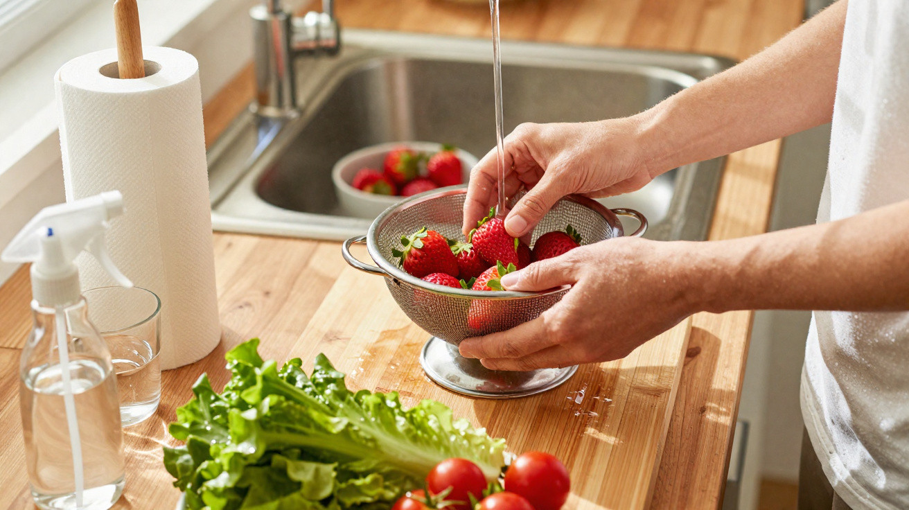 Pessoa a lavar morangos numa passadeira na cozinha, com alface e tomates à frente.