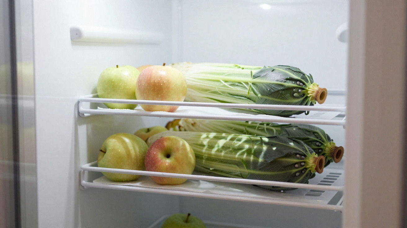 Interior de frigorífico com maçãs verdes e vermelhas e couve chinesa organizadas em prateleiras.
