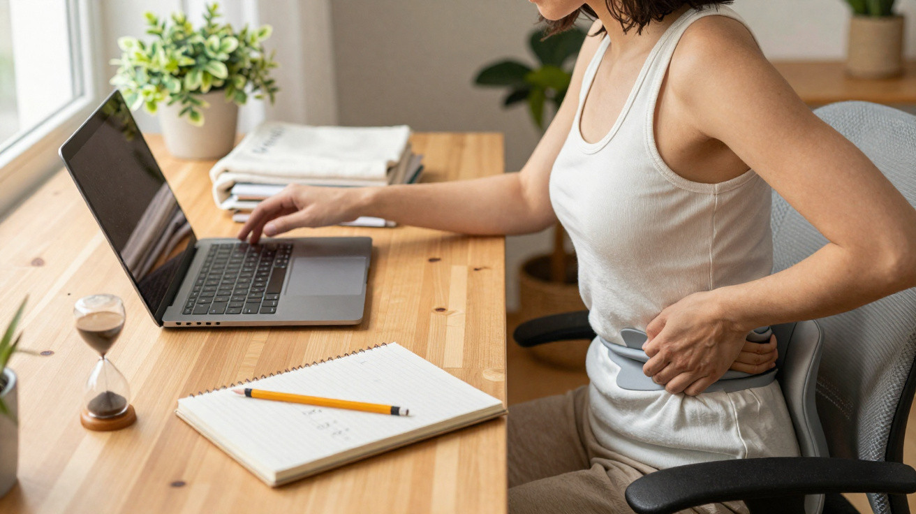 Pessoa sentada a usar laptop e a aplicar uma almofada quente nas costas junto à secretária de madeira.