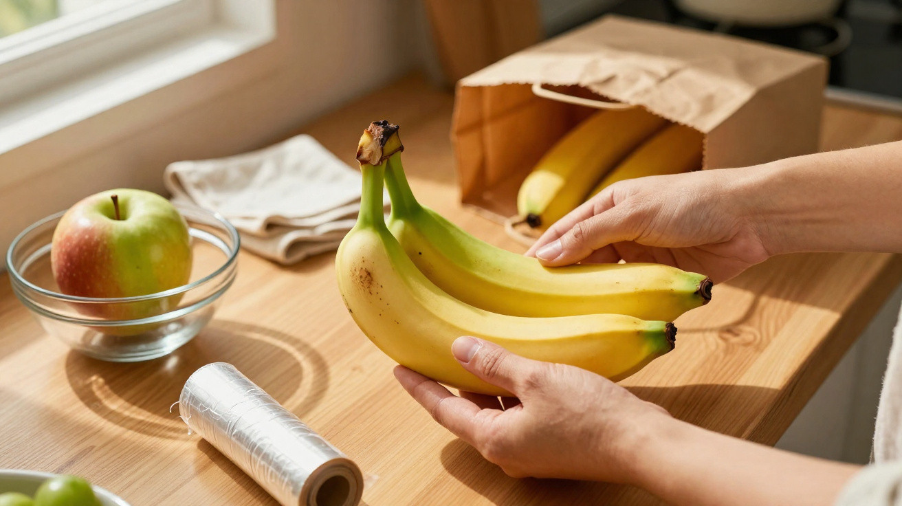 Mãos a segurar um cacho de bananas sobre uma mesa de madeira com maçã, saco de papel e rolo de película aderente.
