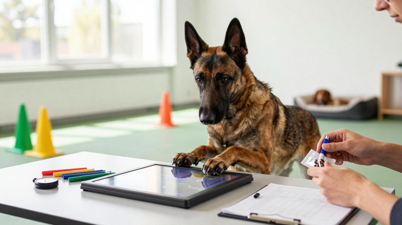 Cão pastor alemão atento em treino de obediência com treinador, tablet e material de estudo numa sala iluminada.