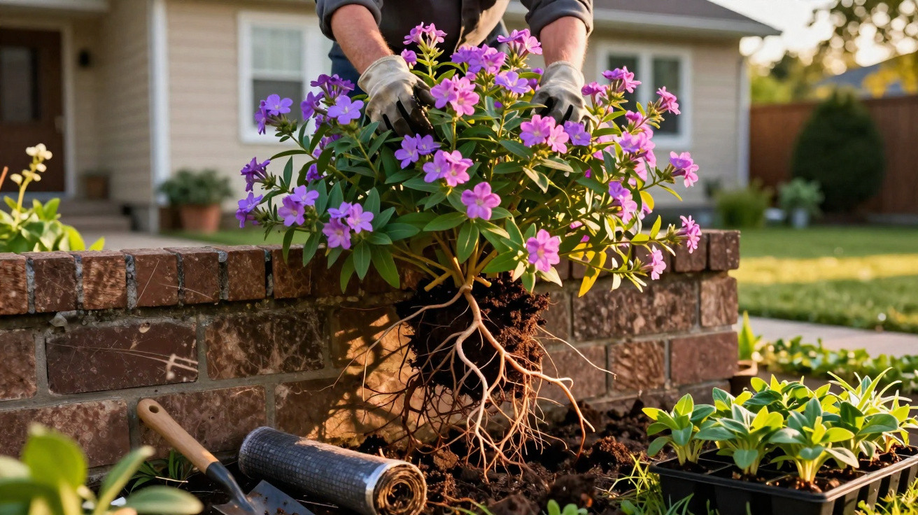 Pessoa a transplatar planta com flores roxas num canteiro junto a parede de tijolos vermelhos.