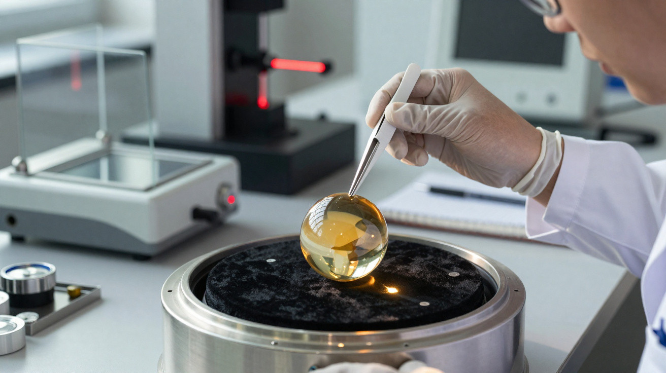 Mão com luva a segurar uma esfera amarela transparente com pinça num laboratório.