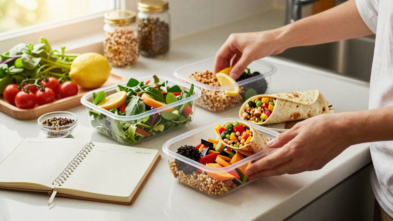 Pessoa a preparar wraps vegetarianos com legumes e leguminosas, ao lado de uma salada e um caderno aberto.