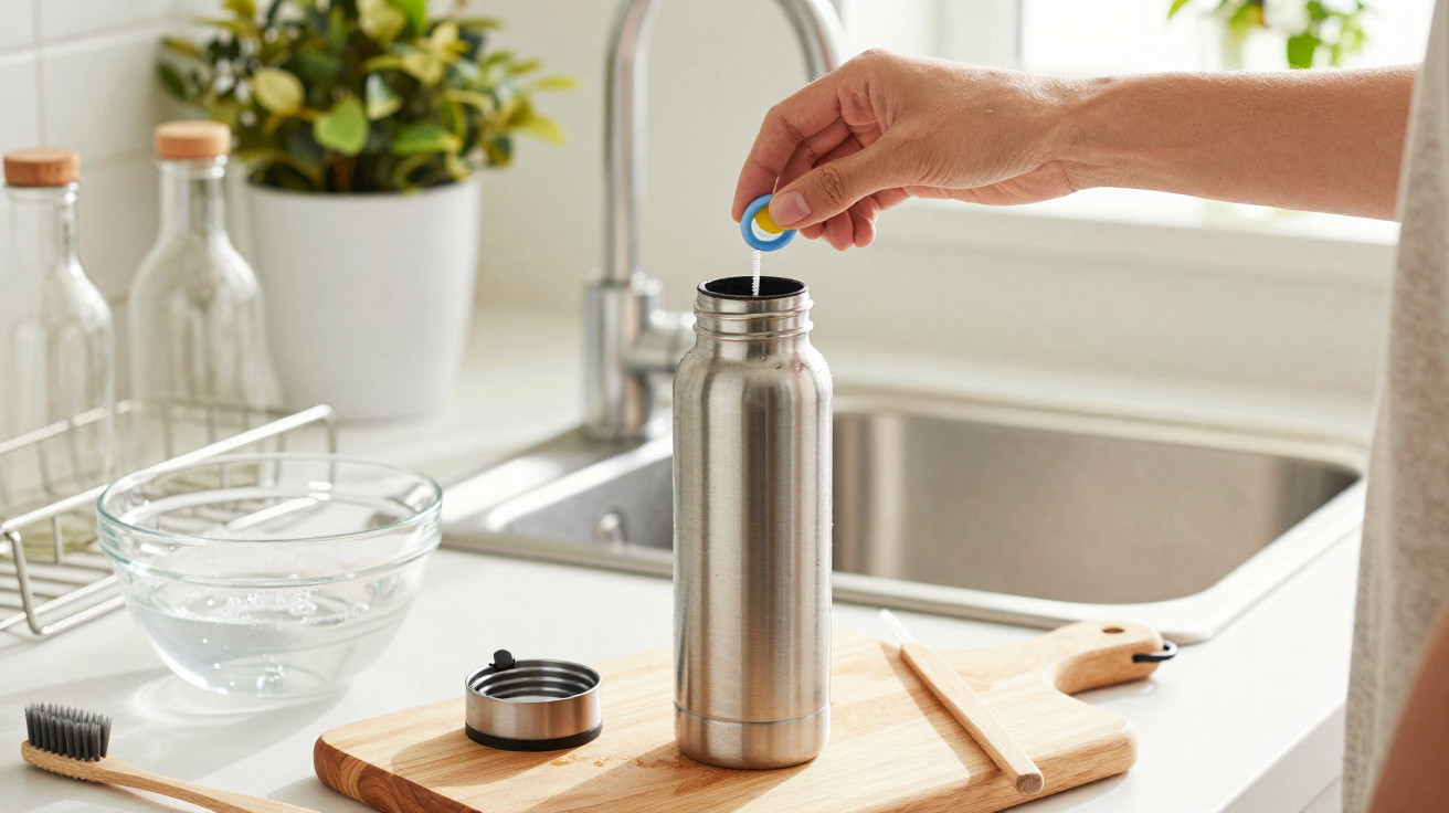 Pessoa a colocar pastilha efervescente numa garrafa metálica na cozinha moderna com luz natural.