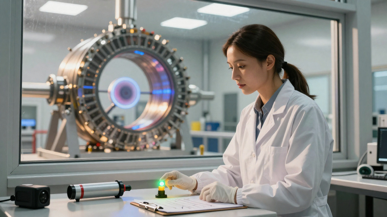 Cientista com bata branca a operar equipamento científico num laboratório moderno e tecnológico.