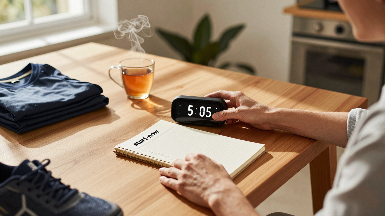 Pessoa segura despertador digital na mesa com bloco de notas, chá quente e roupa dobrada ao lado.