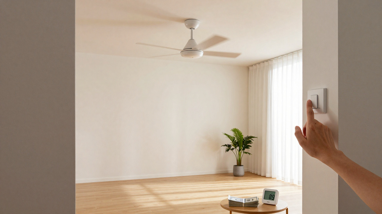 Mão a desligar interruptor de luz num quarto luminoso com ventilador de teto, planta e mesa com relógio digital.
