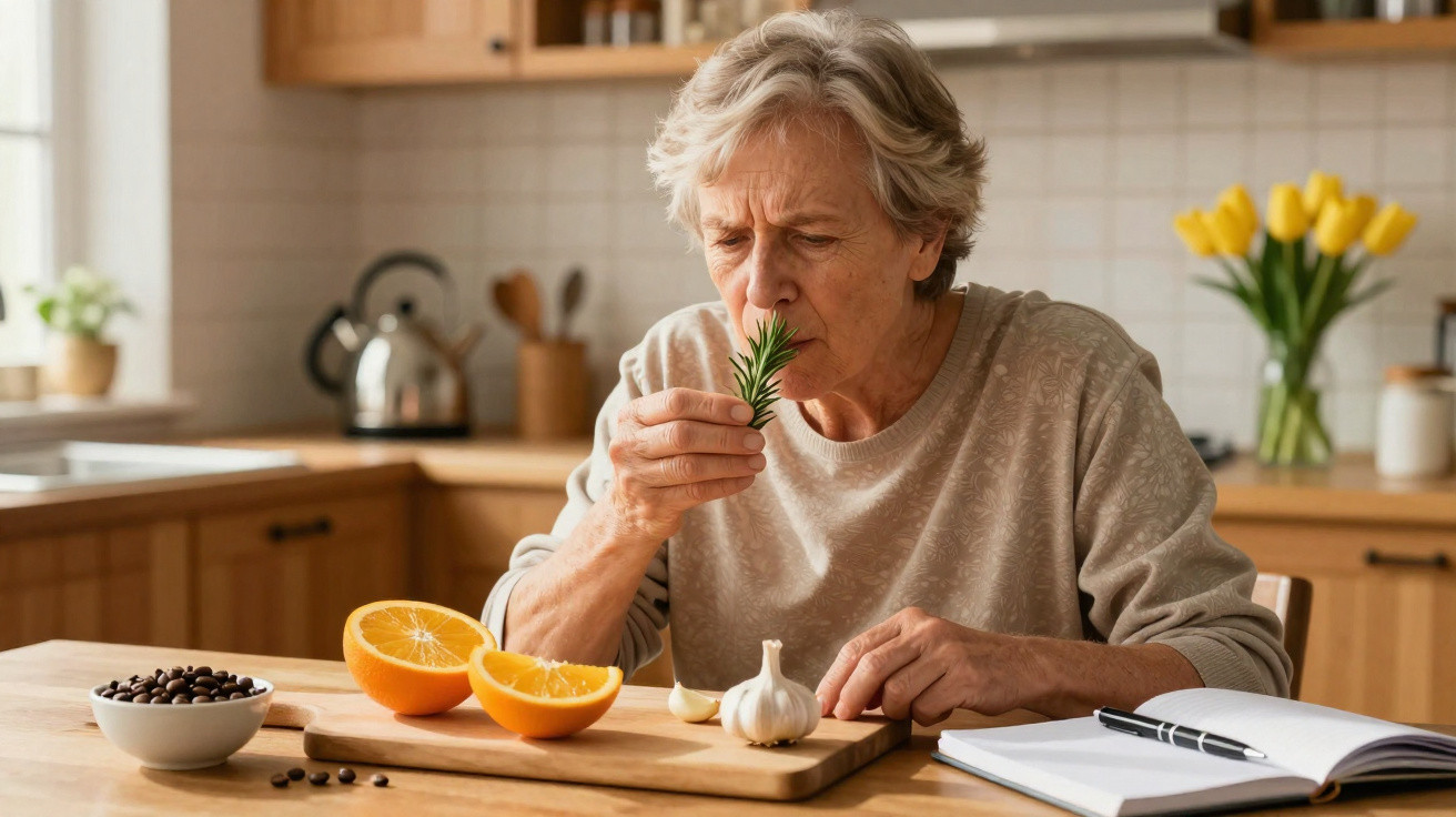 Mulher idosa a cheirar ramo de alecrim na cozinha, com frutas e caderno na mesa de madeira.