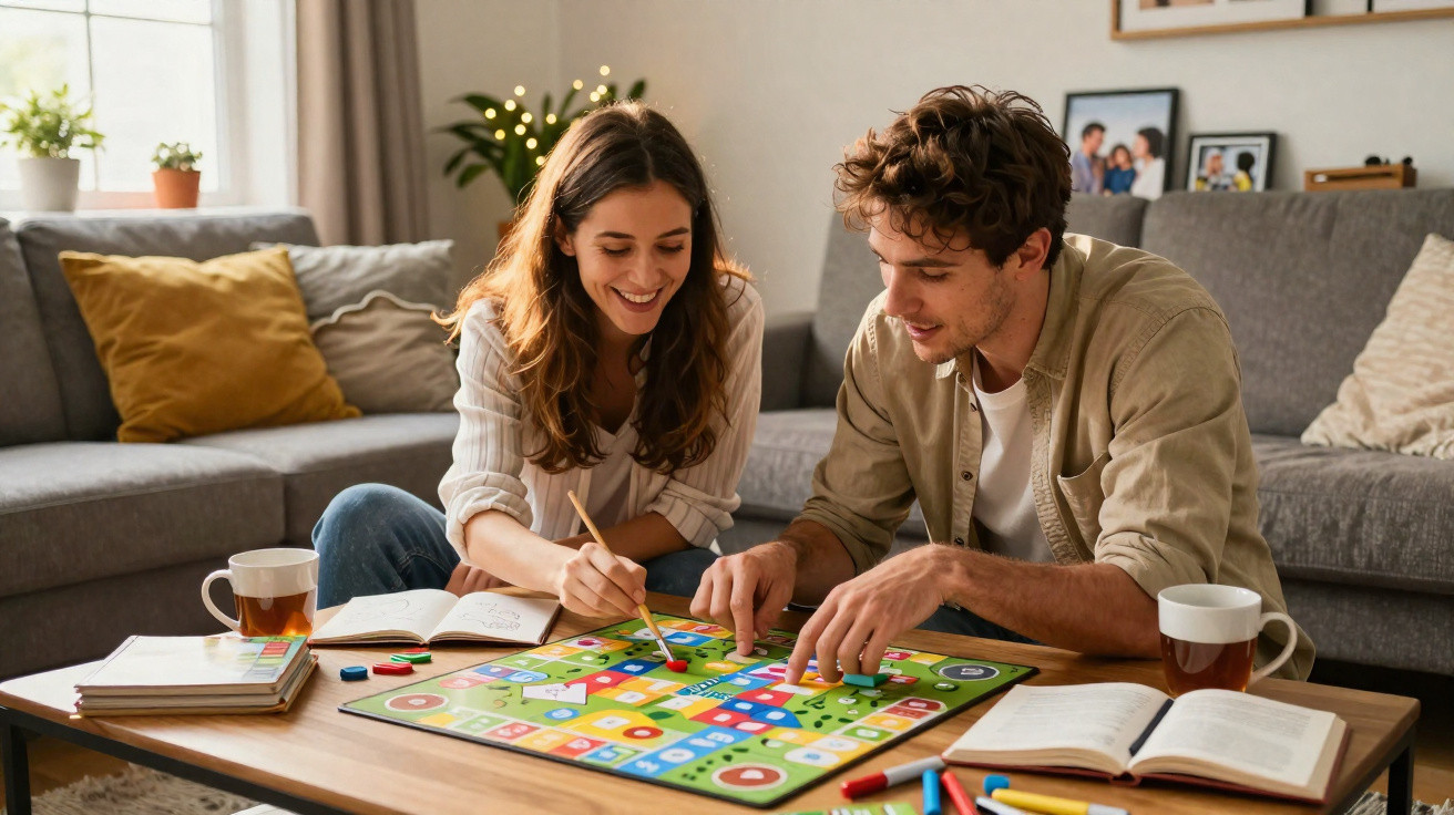Casal jovem a jogar um jogo tabuleiro sentado em casa com livros e chá na mesa.