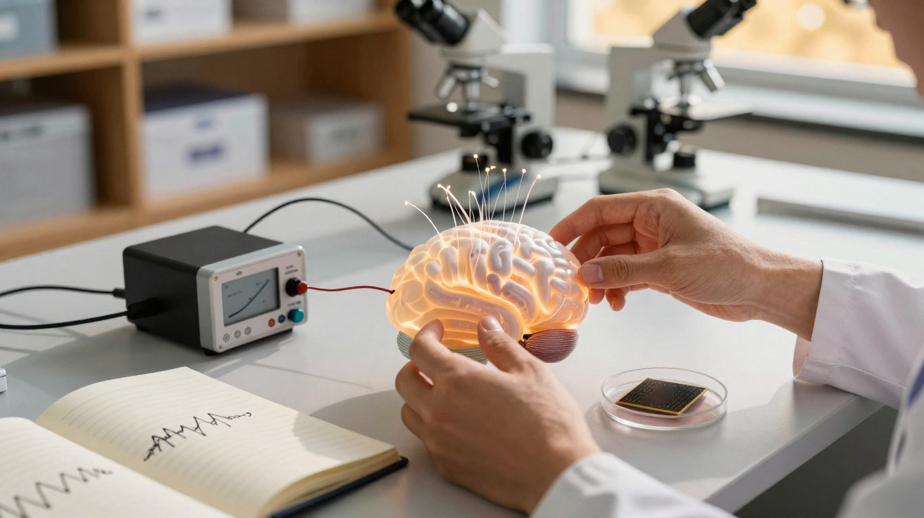 Mãos manipulam modelo de cérebro iluminado e eletrodos em laboratório com microscópios e caderno aberto.