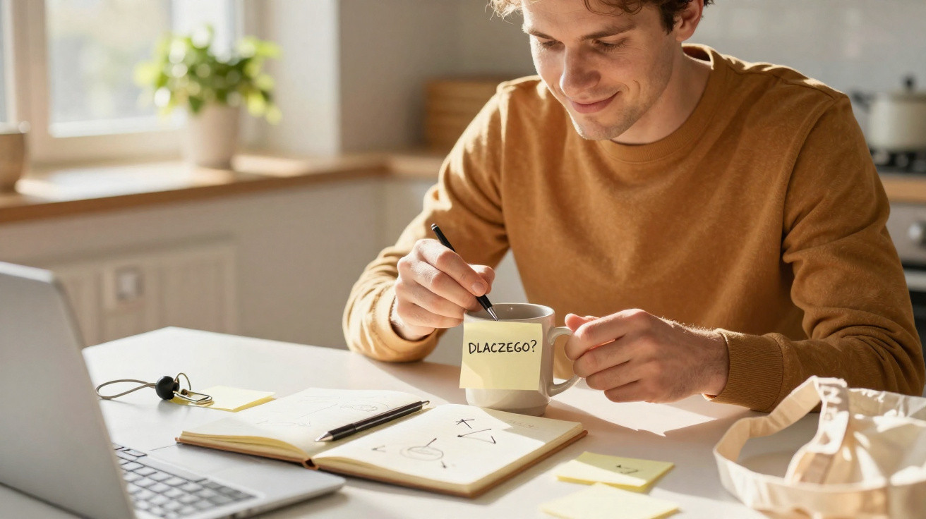 Homem a sorrir junto a mesa com caderno, computador portátil e caneca com nota adesiva "DLACZEGO?"