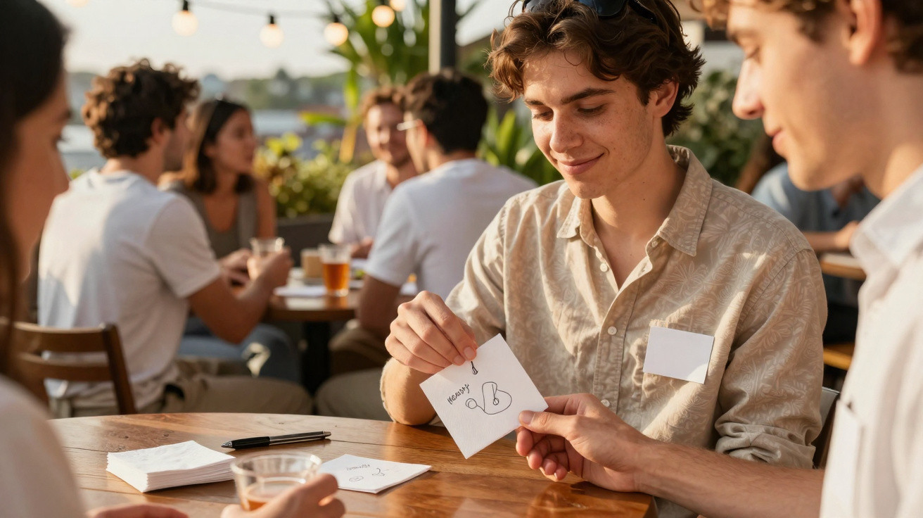 Jovem sorridente mostra um desenho num papel para outra pessoa numa reunião social ao ar livre.