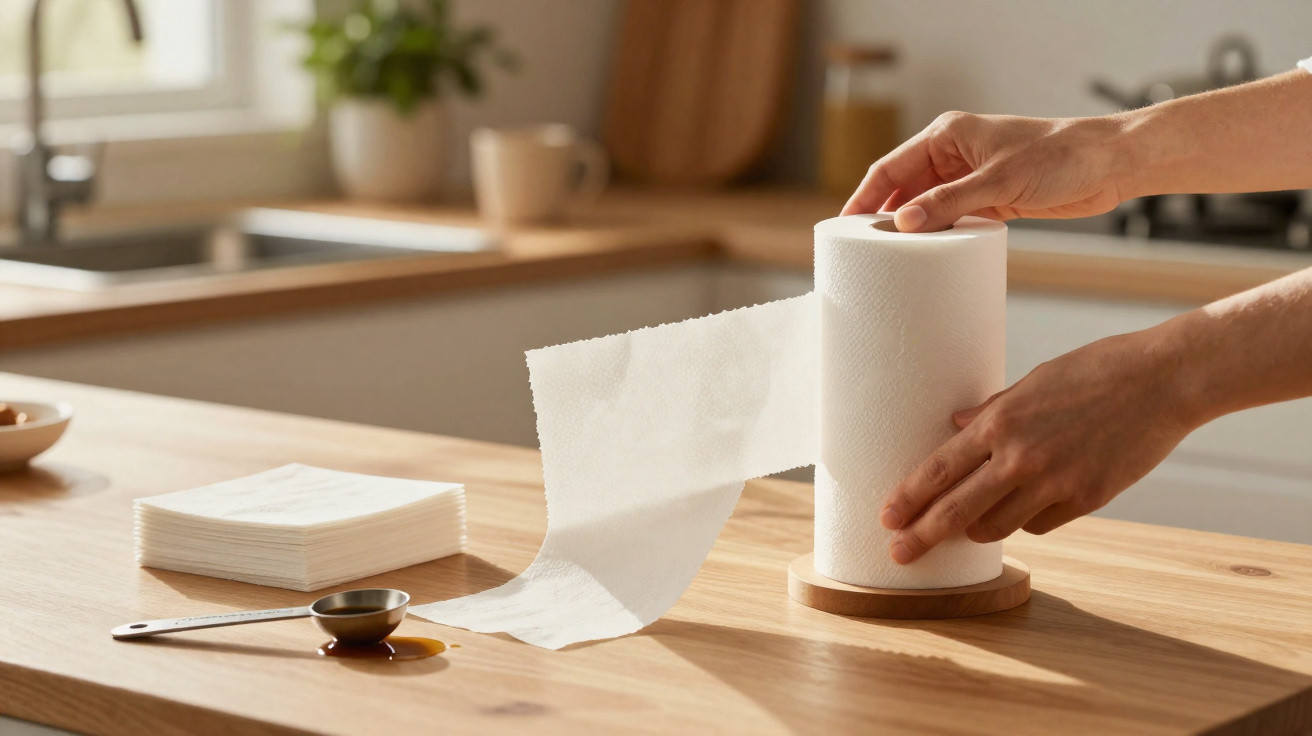 Mãos a puxar papel de cozinha de um suporte numa bancada de cozinha em madeira clara.