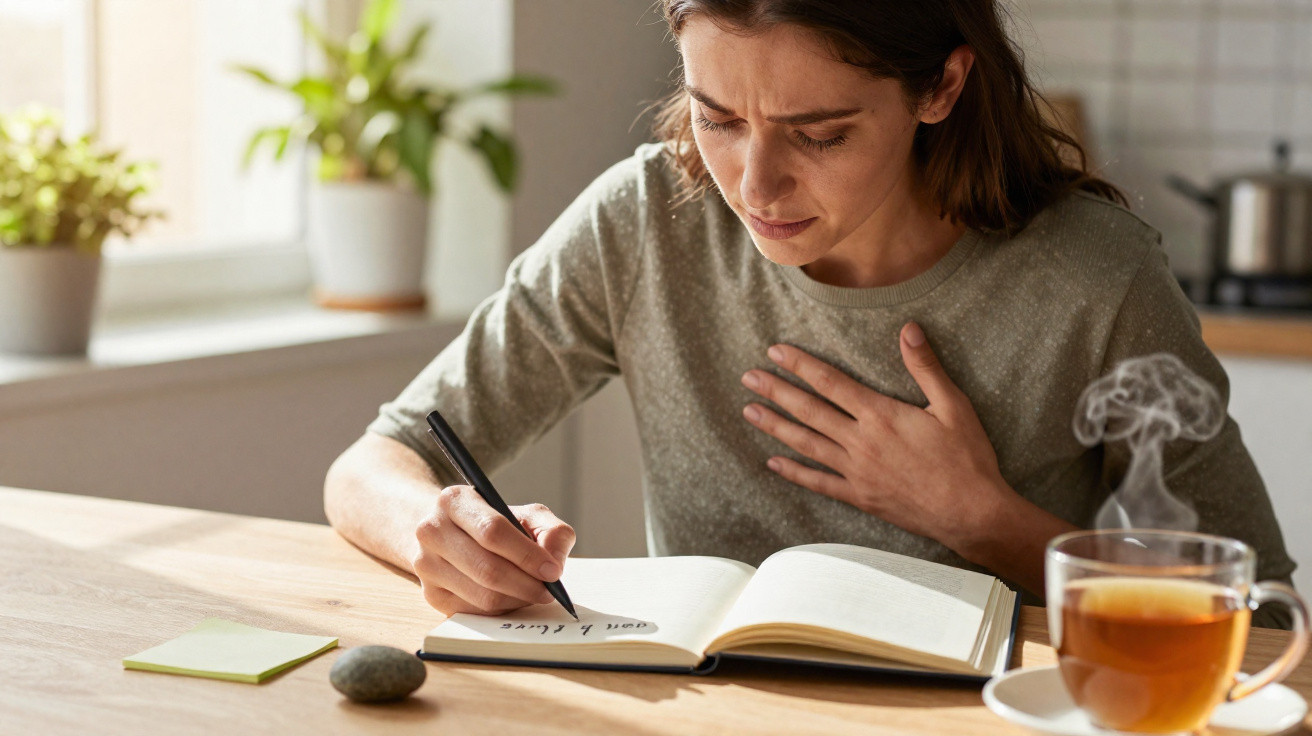 Mulher com expressão de dor no peito escreve num caderno sentada à mesa com chá quente ao lado.