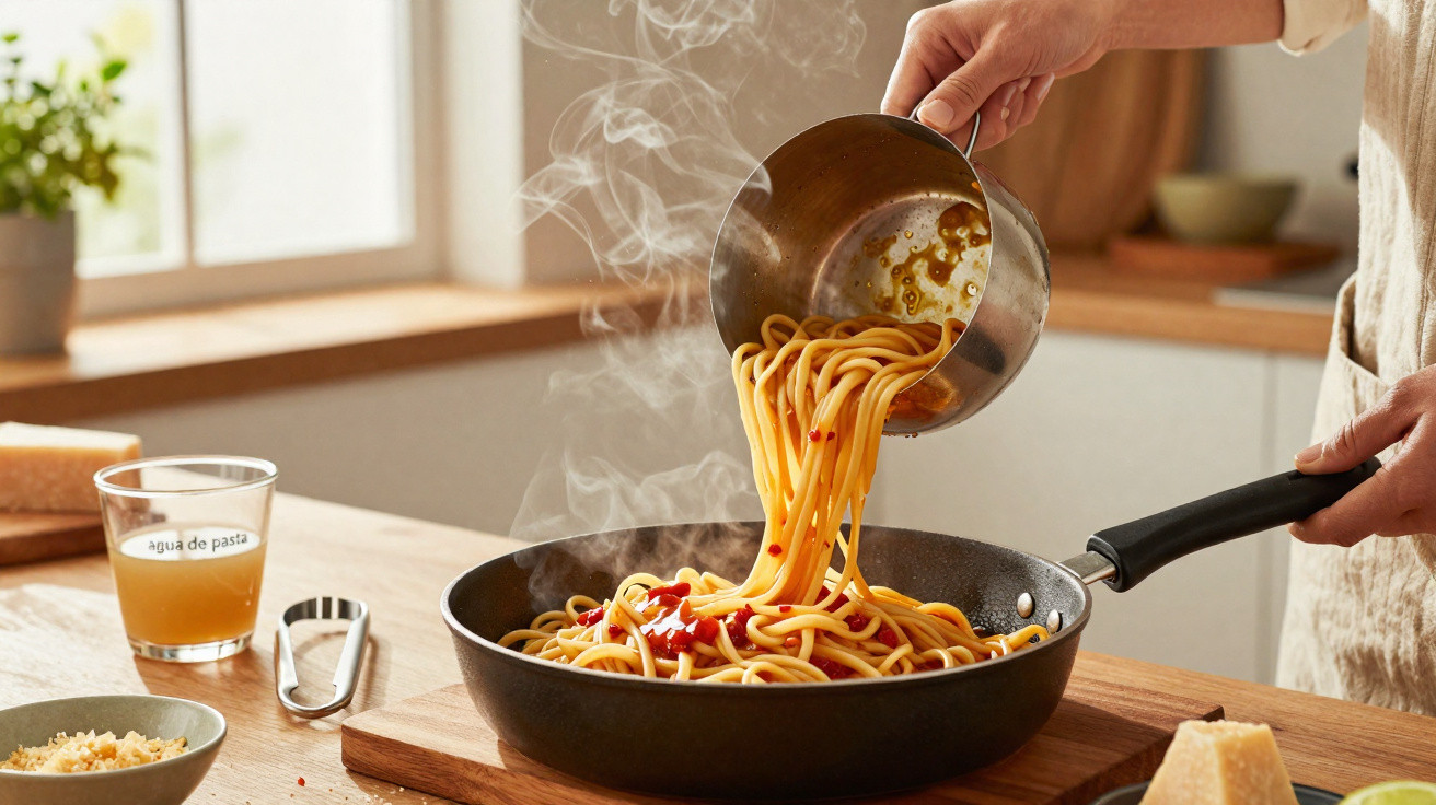 Mãos a verter esparguete quente com molho vermelho numa frigideira numa cozinha luminosa e moderna.