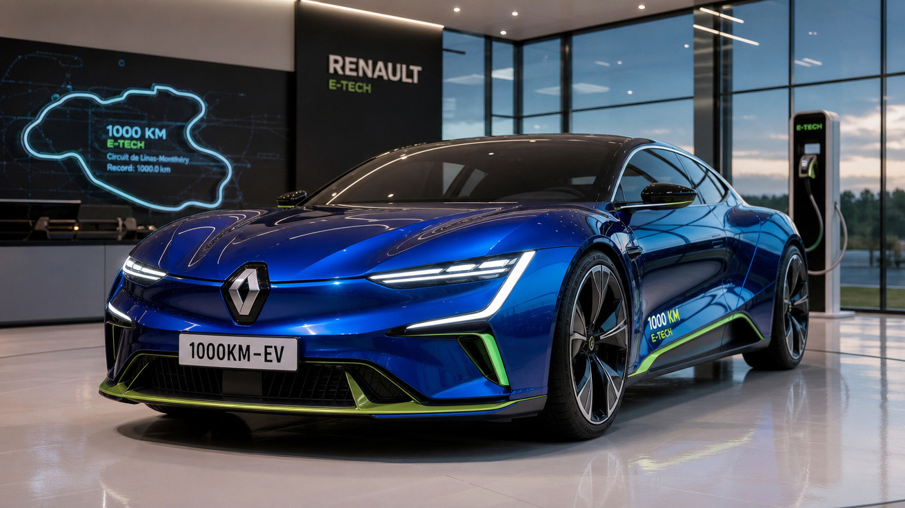 Carro elétrico Renault 1000KM-EV azul brilhante em exposição, carregando numa estação E-Tech interior moderna.