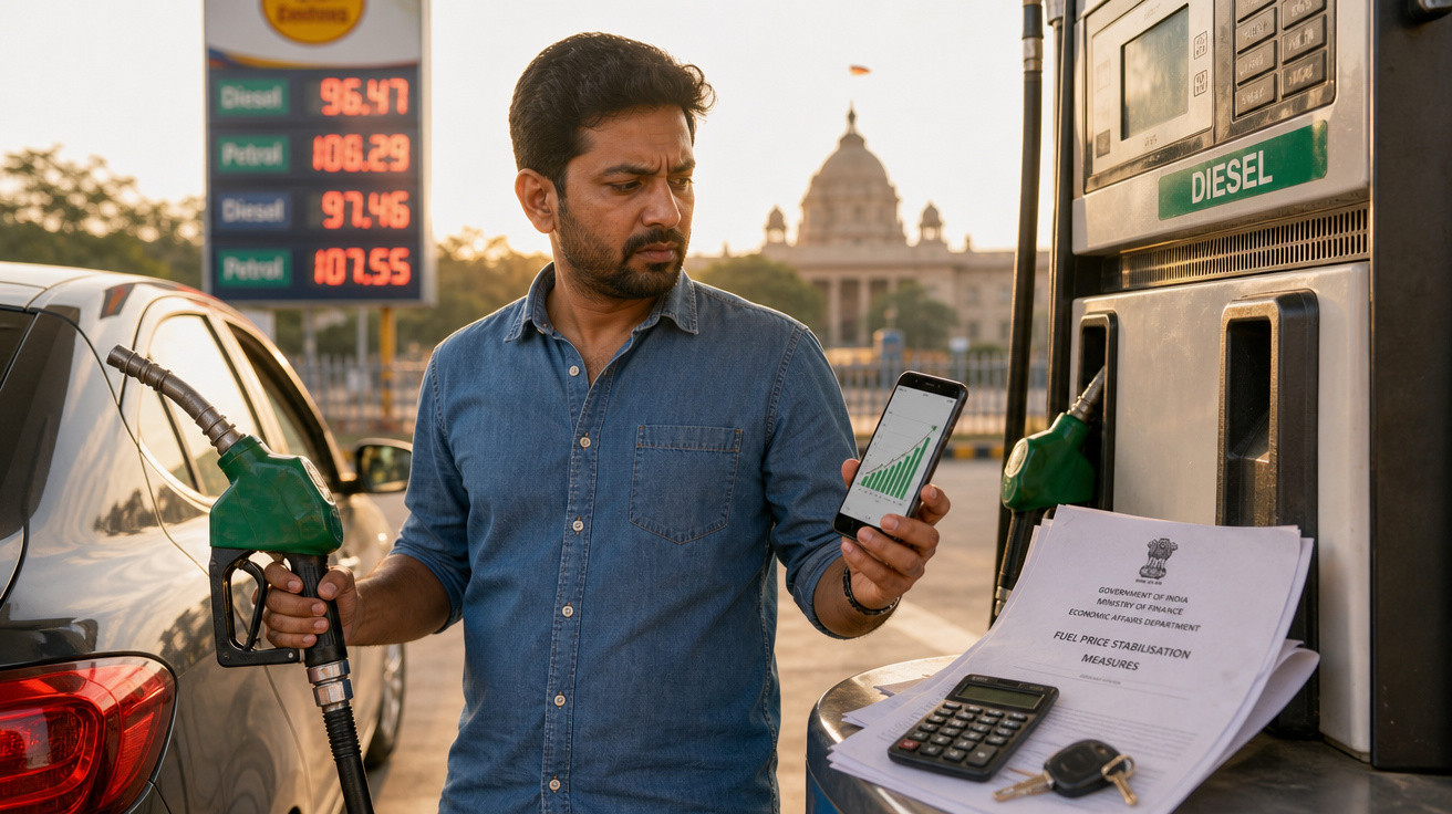 Homem numa bomba de combustível com apoio de telefone a analisar preços do diesel ao abastecer o carro.