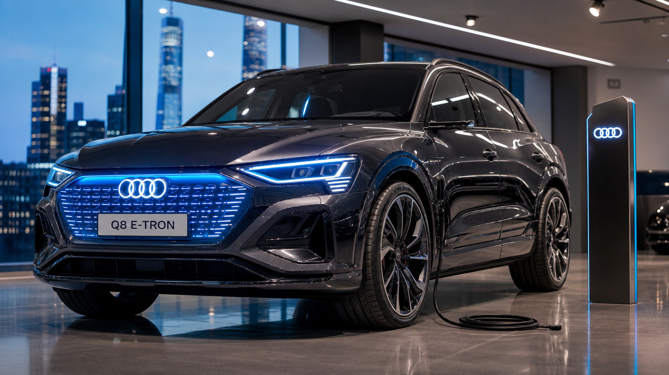 Carro preto Audi Q8 e-tron elétrico a ser carregado em posto dentro de showroom com vista urbana noturna.