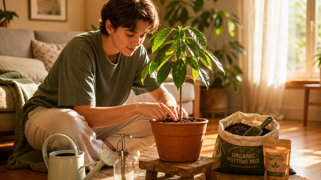 Pessoa a cuidar de planta em vaso dentro de casa com terra e fertilizante orgânico ao lado.