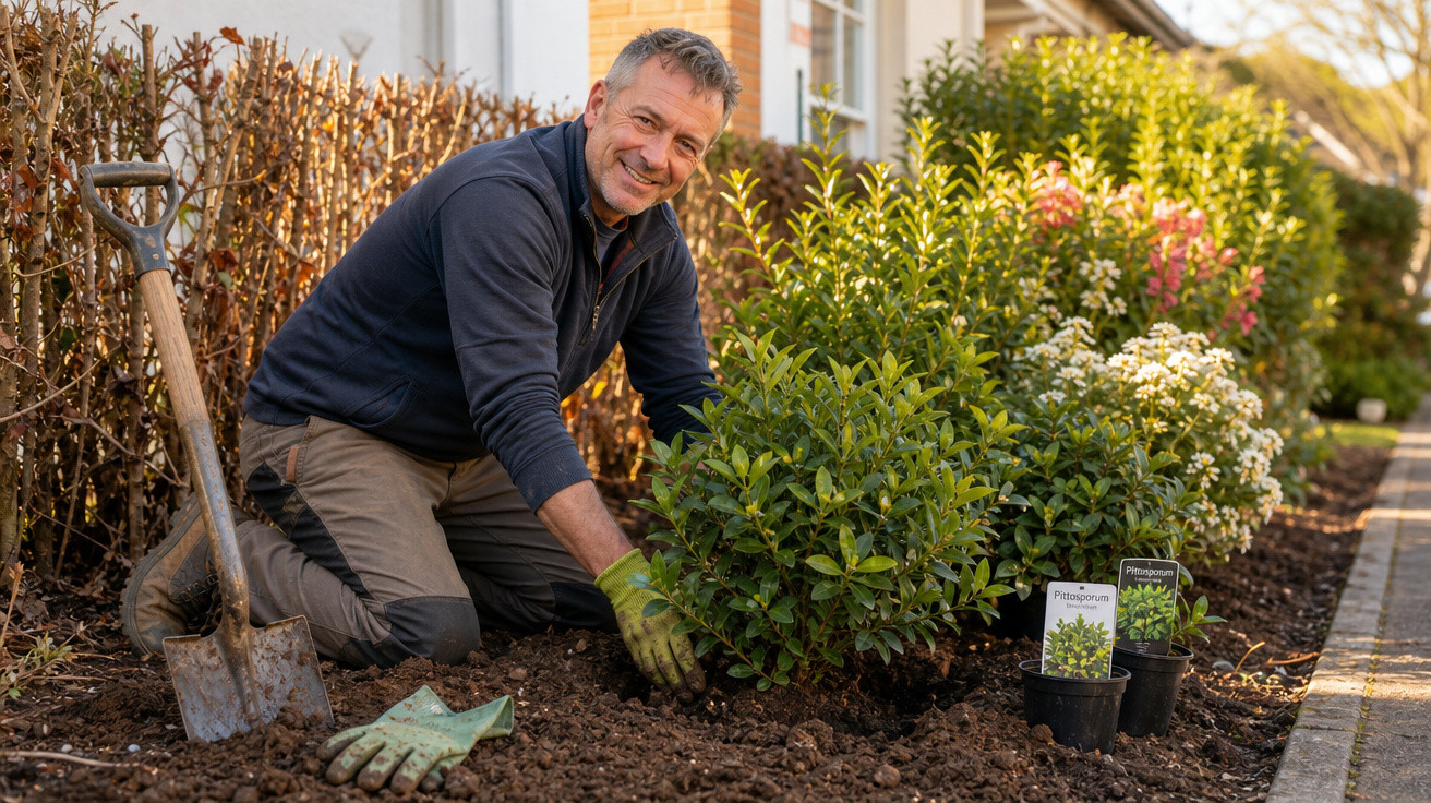 Homem sorridente a plantar arbusto em jardim junto a casa, com luvas e enxada ao lado.