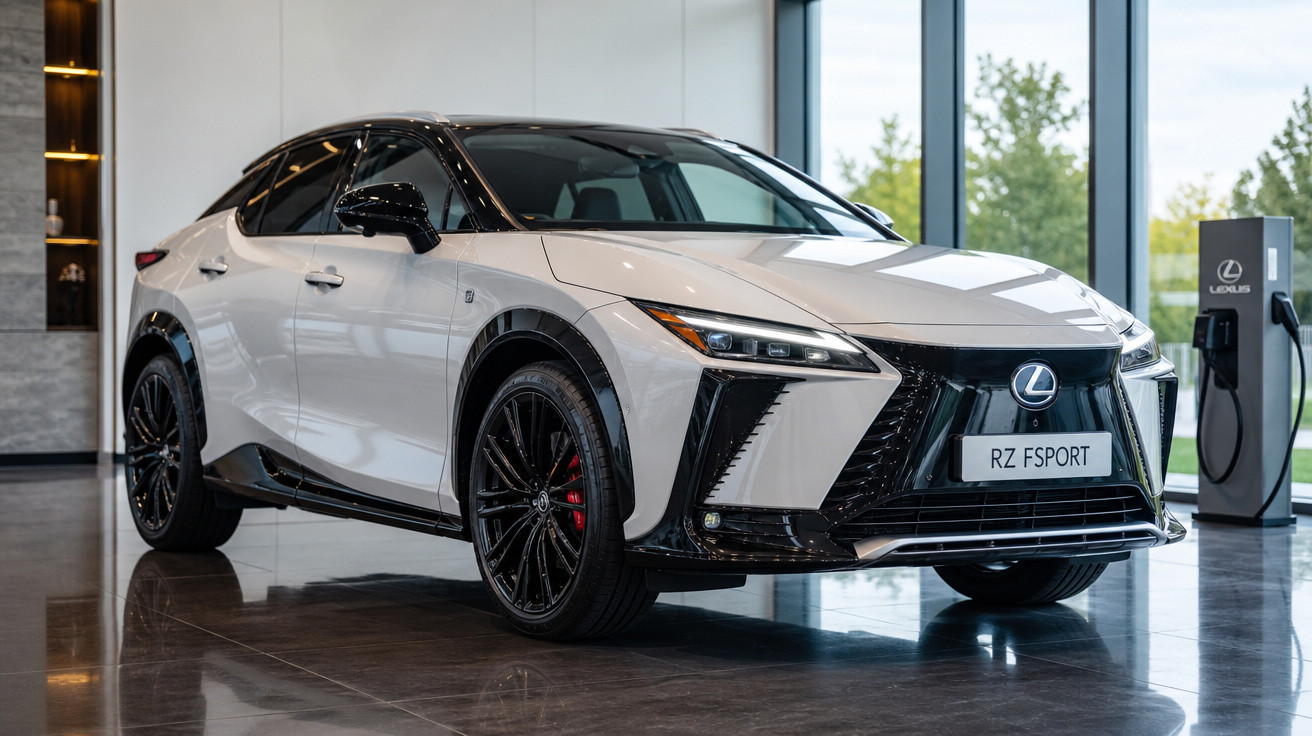 Carro elétrico Lexus RZ F SPORT branco estacionado numa sala com chão refletor e posto de carregamento ao fundo.