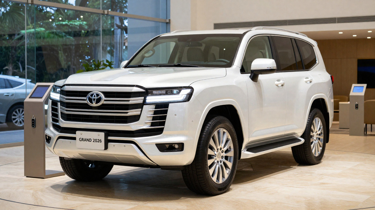 SUV Toyota branco modelo 2026 em exposição interior, com iluminação ambiente moderna e vidro panorâmico.