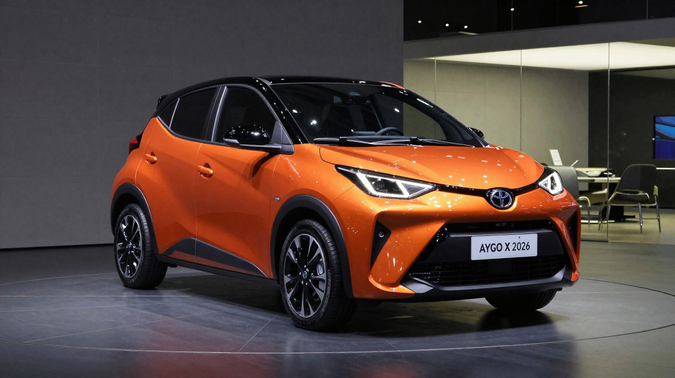 Carro Toyota Aygo X 2026 laranja e preto em exposição num espaço interior moderno.