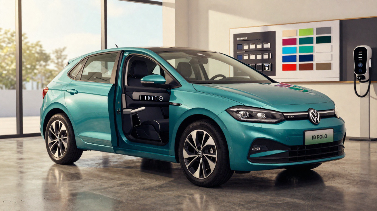Carro elétrico Volkswagen ID Polo verde com porta aberta em showroom moderno com carregador mural.