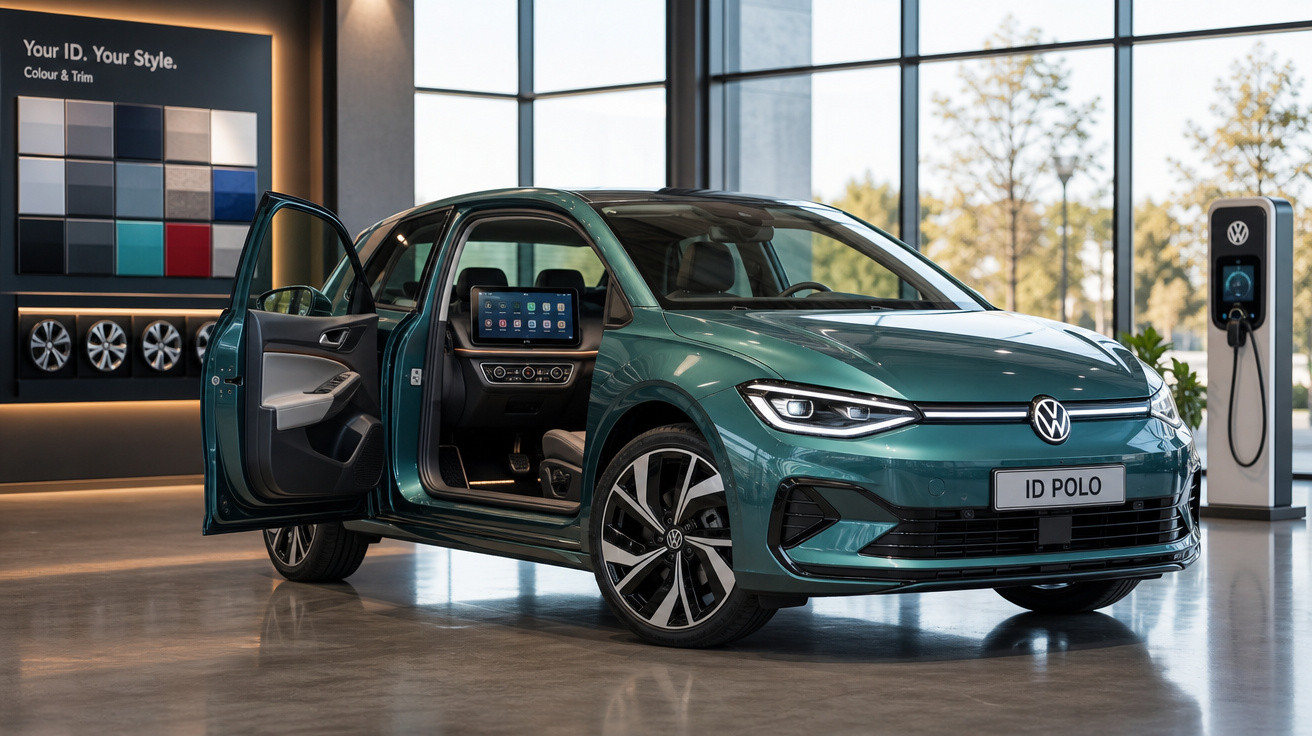 Volkswagen ID Polo verde com porta aberta e estação de carregamento elétrica numa sala moderna.
