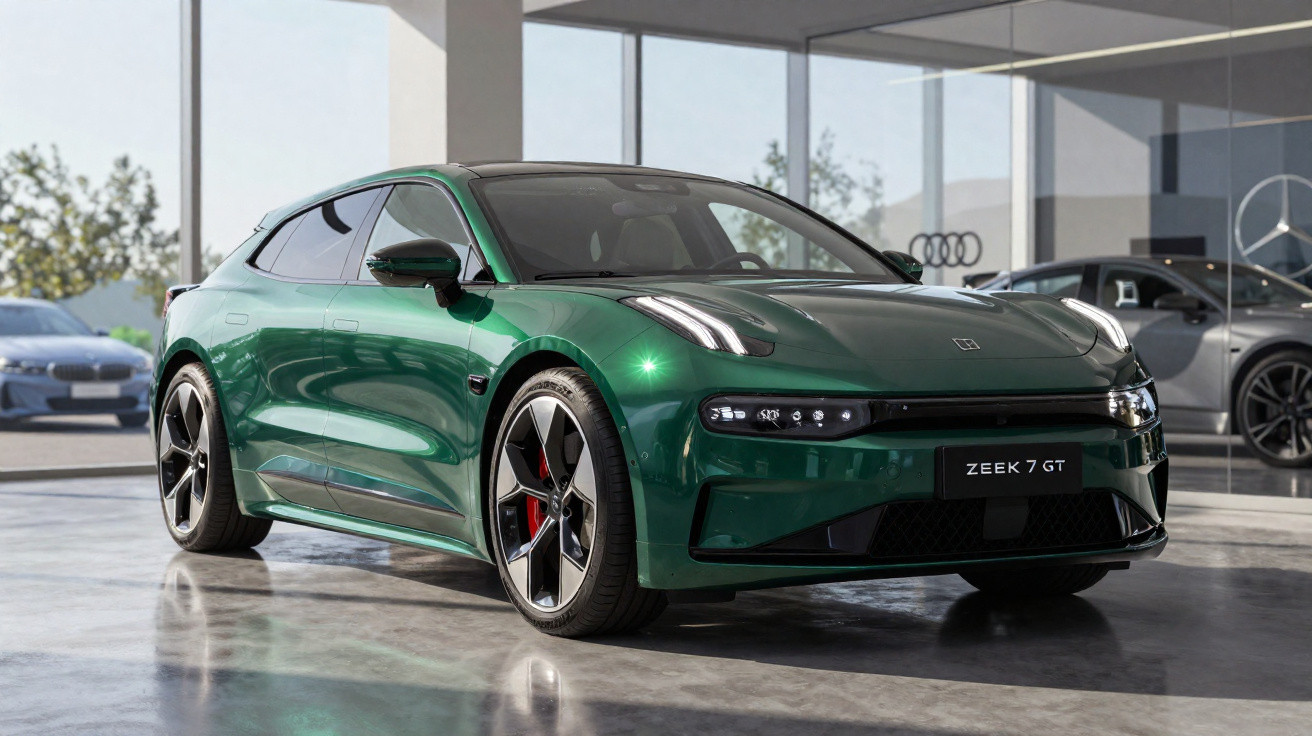 Carro elétrico desportivo Zeekr 7 GT verde em exposição numa loja moderna com vidro.