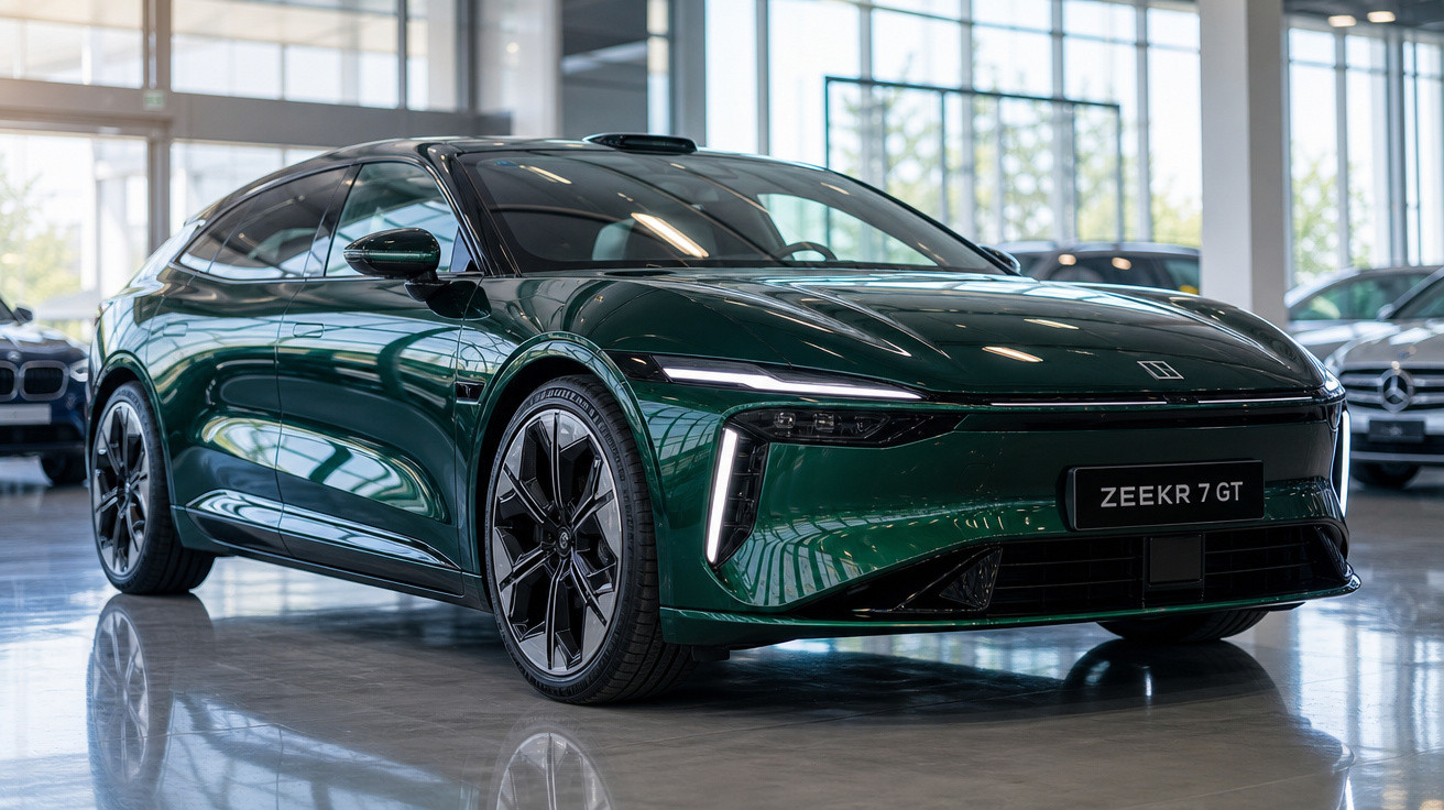 Carro elétrico ZEEKR 7 GT verde escuro estacionado em showroom moderno com grandes janelas.