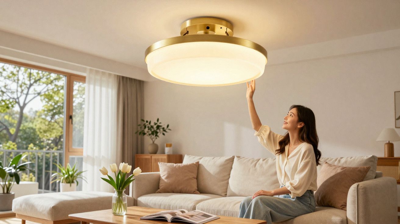 Mulher sentada no sofá numa sala com luz de teto redonda moderna acesa.
