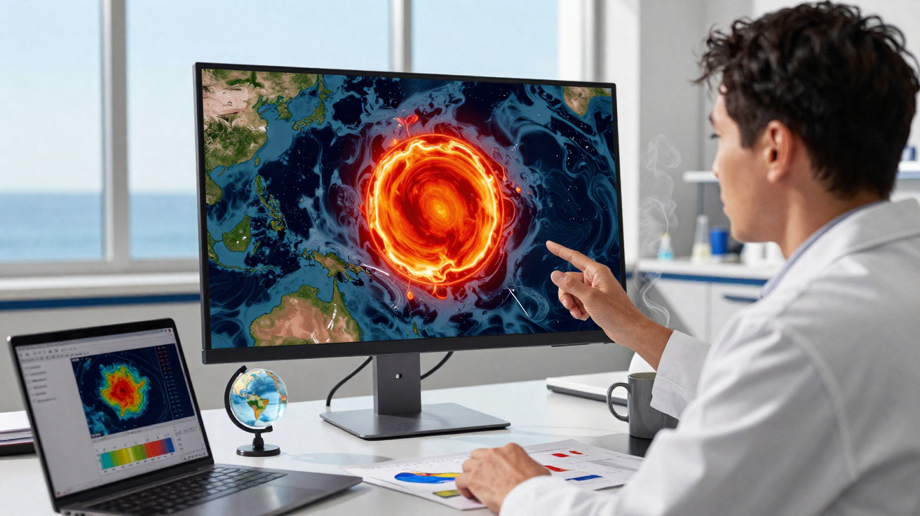 Cientista analisa no ecrã imagens digitais de atividade vulcânica intensa perto do oceano.